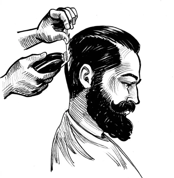 Bearded Man Barbers Hands Brush Shaving Machine Ink Black White — 图库照片