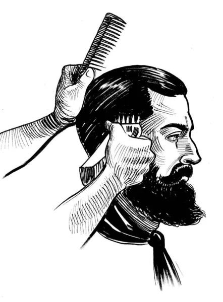 Bearded Man Barbers Hands Brush Shaving Machine Ink Black White — Stockfoto