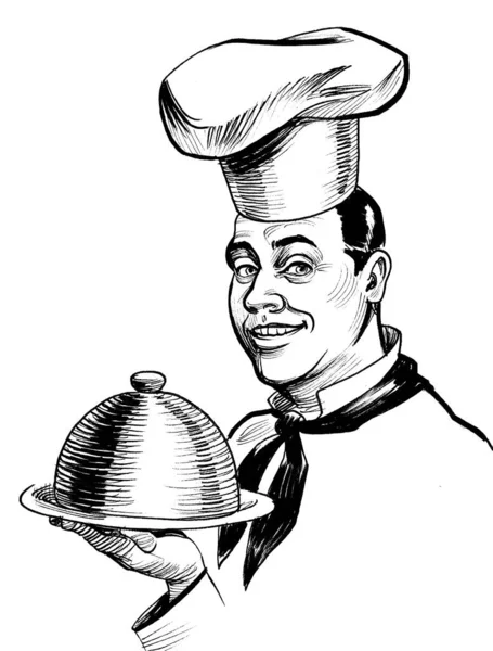 Restaurant Chef Meal Ink Black White Drawing — Stockfoto