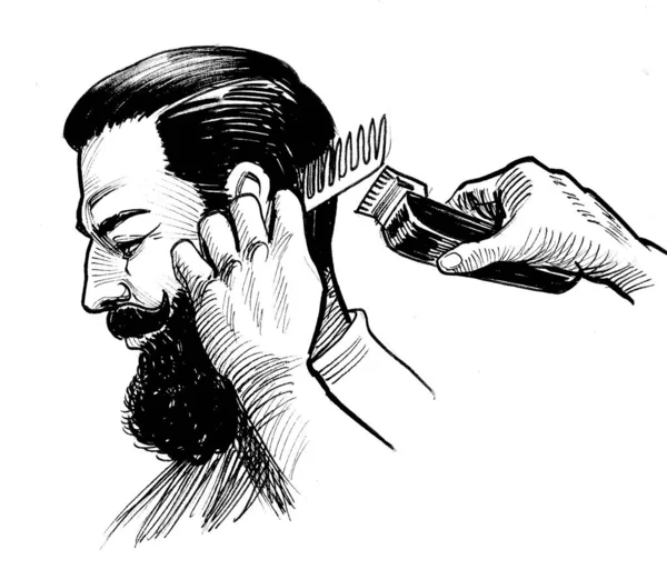 有胡子的人和理发师用刷子和剃须机洗手 墨水黑白画 — 图库照片