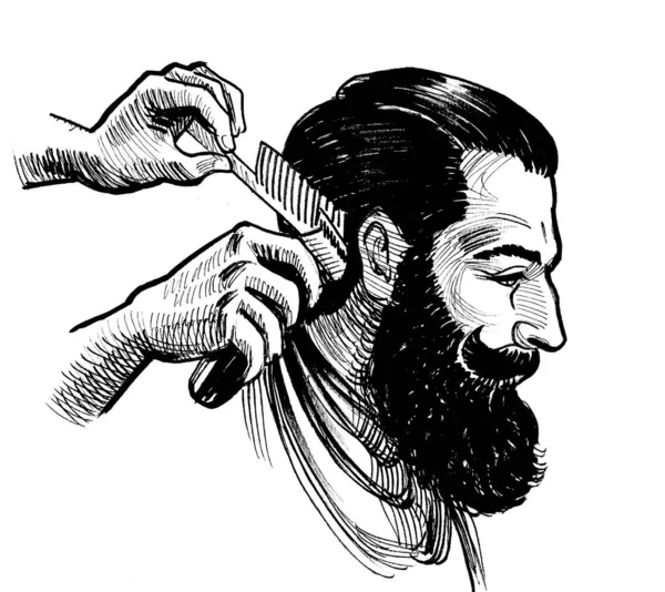 Bearded Man Head Barbers Hands Brush Shaving Machine Ink Black — Stock Photo, Image