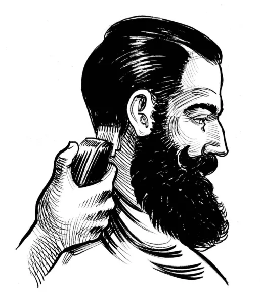 Bearded Man Hand Shaving Machine Ink Black White Drawing — Stock Photo, Image