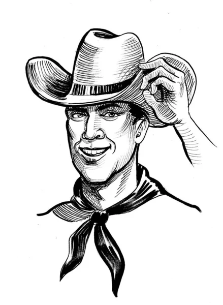 Happy Cowboy Character Ink Black White Drawing — Stock Photo, Image