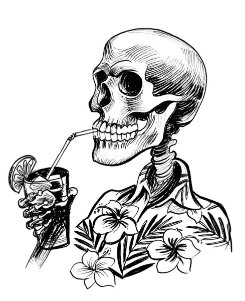 Человеческий Скелет Пьет Коктейль Чернила Черно Белые — стоковое фото