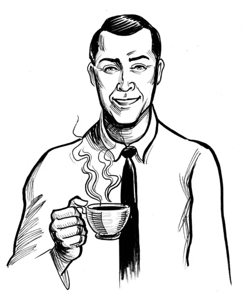 Hombre Bebiendo Una Taza Café Dibujo Blanco Negro Tinta —  Fotos de Stock