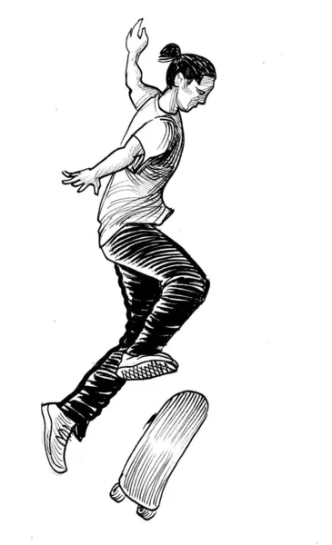 Jongeman Skateboard Inkt Zwart Wit Tekening — Stockfoto