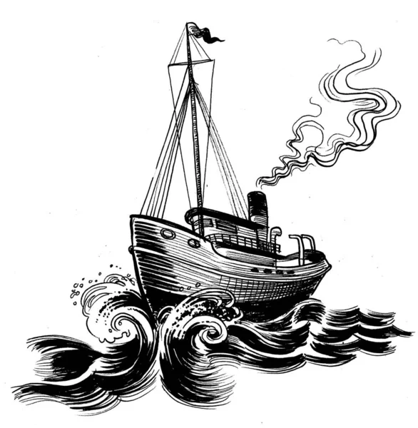 Old Tug Boat Sea Ink Black White Drawing — Stock Photo, Image