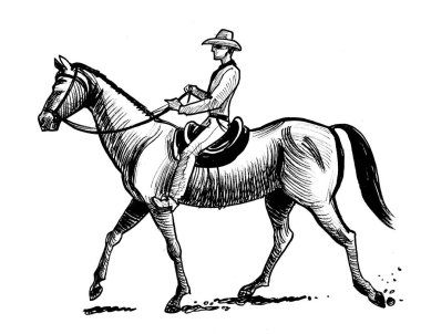 Kovboy ata biniyor. Mürekkep siyah beyaz çizim