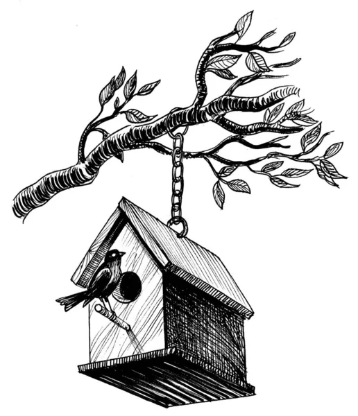 Casa Pássaros Galho Árvore Tinta Desenho Preto Branco — Fotografia de Stock