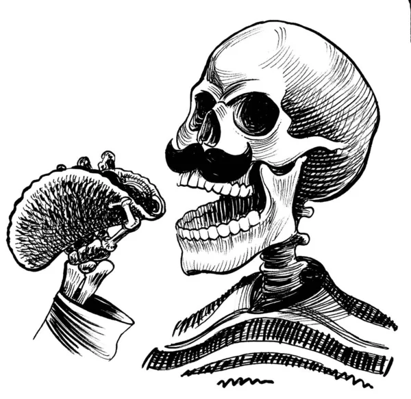 Dead Mexican Eating Taco Ink Black White Drawing — Φωτογραφία Αρχείου