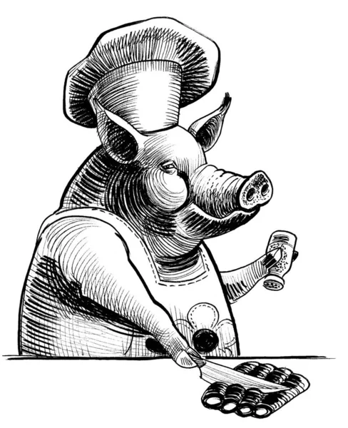 Chef Pig Character Ink Black White Drawing — Stock Photo, Image
