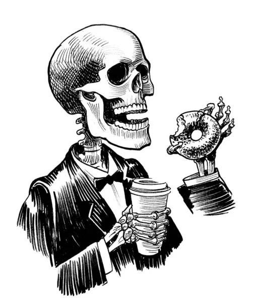Människans Skelett Dricker Kaffe Och Äter Munk — Stockfoto