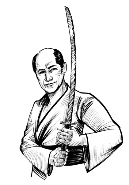 Samuraj Med Ett Katanasvärd Bläck Svart Och Vitt Ritning — Stockfoto