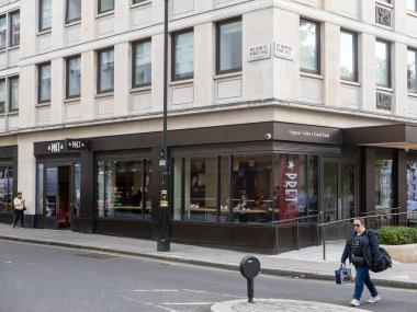 London, UK-29.09.21: Pret a Manger cafe on St Martin's Place near Trafalgar Square. Pret is a popular international sandwich shop chain, based in the UK