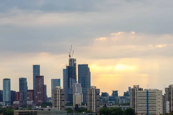 A scenic view of the residential skyscrapers in the Vauxhall district as seen from the South. Vauxhall is a district in southeast London, part of the London Borough of Lambeth, England.