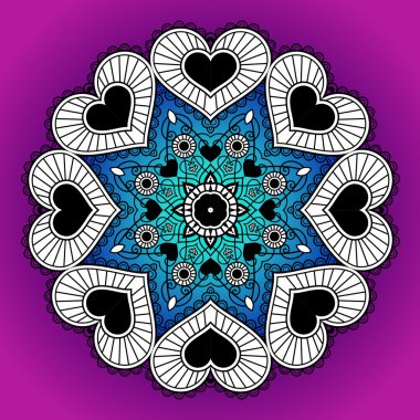 Kalpler üzerinden yuvarlak süsleme tebrik kartı.