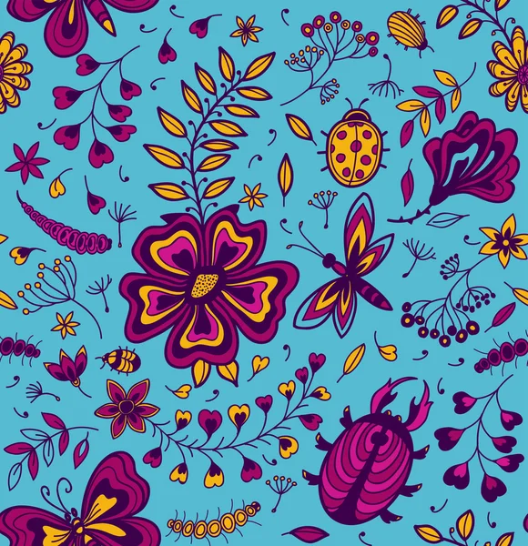 Textura sem costura com flores e borboletas — Vetor de Stock