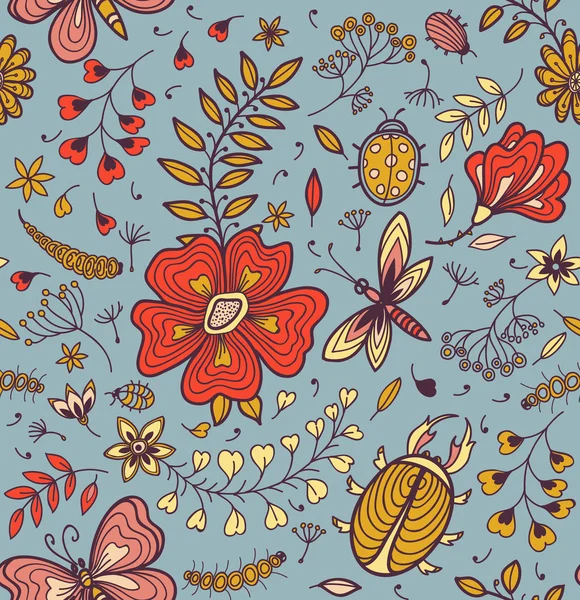 花と蝶とのシームレスなテクスチャ — ストックベクタ
