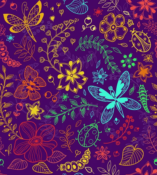Texture sans couture avec fleurs et papillons — Image vectorielle