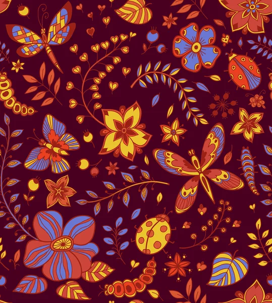 Bezešvá textura s květinami a motýli — Stockový vektor