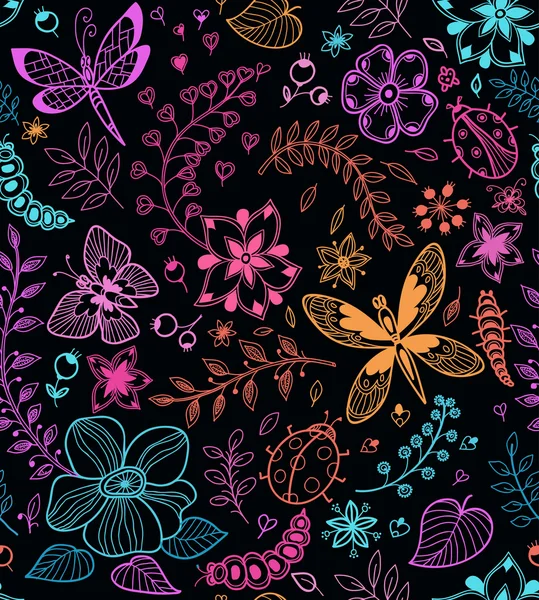 Texture sans couture avec fleurs et papillons — Image vectorielle