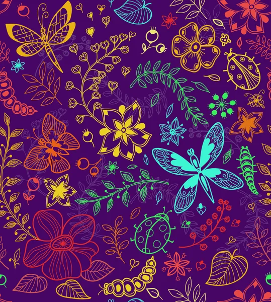 Textura perfecta con flores y mariposas — Vector de stock