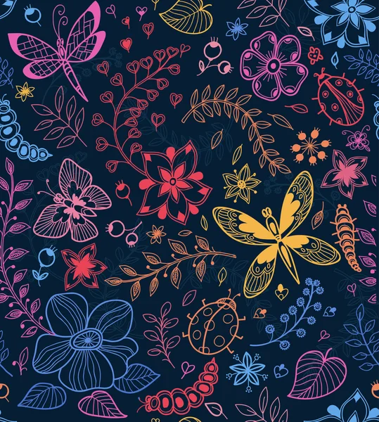 Varrat nélküli textúra a virágok és a pillangók — Stock Vector