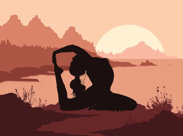 Silueta ženy dělá jógu v horách — Stockový vektor