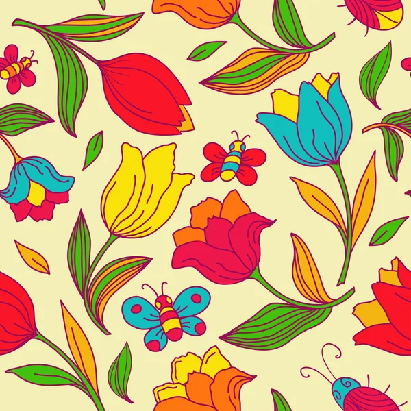 Цветочный узор с бабочками и тюльпанами . — стоковый вектор