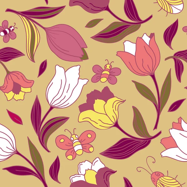 Modèle floral avec des papillons et des tulipes . — Image vectorielle