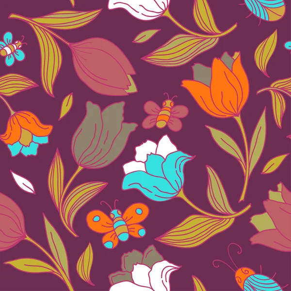 Patrón floral con mariposas y tulipanes . — Vector de stock