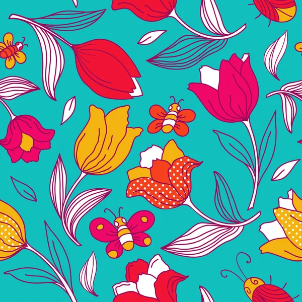 Floral pattern with butterflies and tulips. — Stock Vector