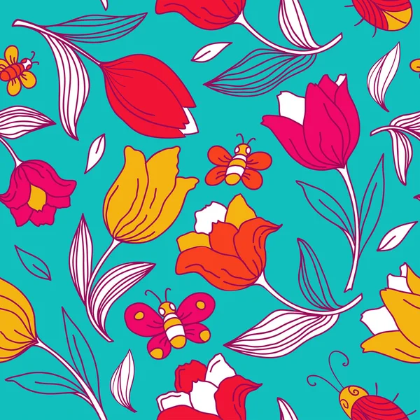 Patrón floral con mariposas y tulipanes . — Vector de stock