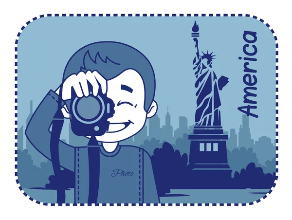 Teaser con fotógrafo viaja a través de América — Vector de stock