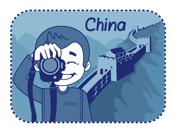 Teaser avec photographe voyage à travers la Chine — Image vectorielle