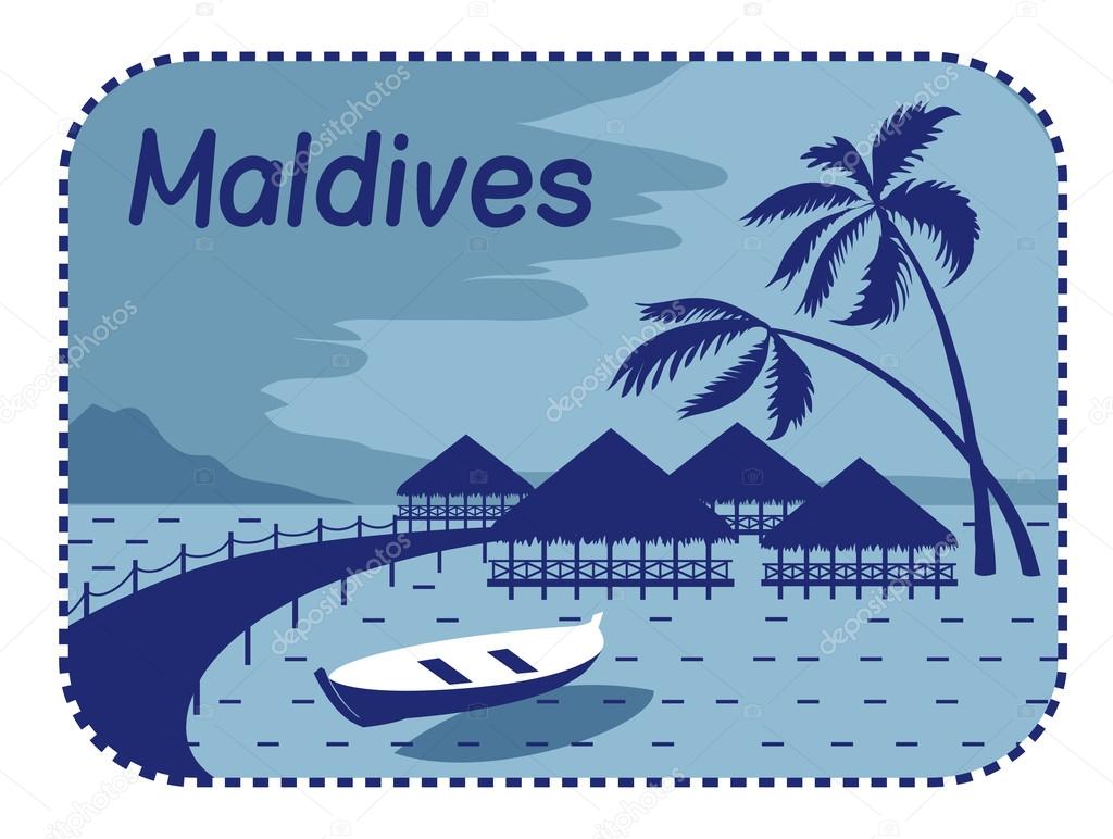 Illustration with wood bungalows in Maldives