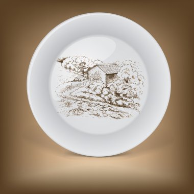 çiftlik evinin görüntüsü ile dekoratif tabak.