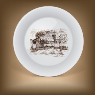 çiftlik evinin görüntüsü ile dekoratif tabak.