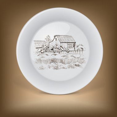 çiftlik evinin görüntüsü ile dekoratif tabak.