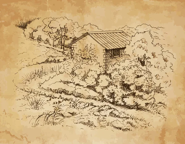 Сельский пейзаж со старым фермерским домом . — стоковый вектор