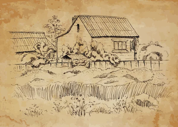 Ländliche Landschaft mit altem Bauernhaus. — Stockvektor