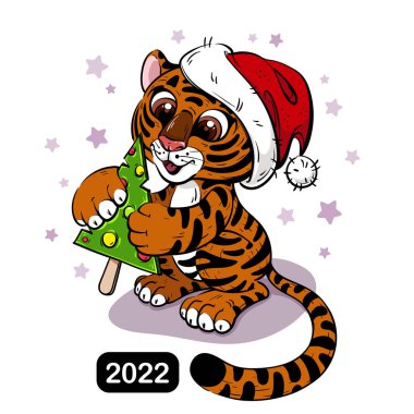 Noel Baba Şapkalı Kaplan Çizgi Filmi Şekerle