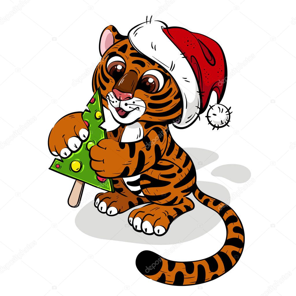 Cartoon Tiger Cub in Santa Hat with Christmas tree