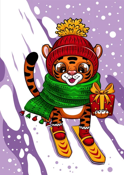 Cartão de Natal com Cut Cartoon Tiger é esqui —  Vetores de Stock
