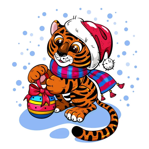 Tigre dos desenhos animados em Santa Hat com bola de Natal — Vetor de Stock