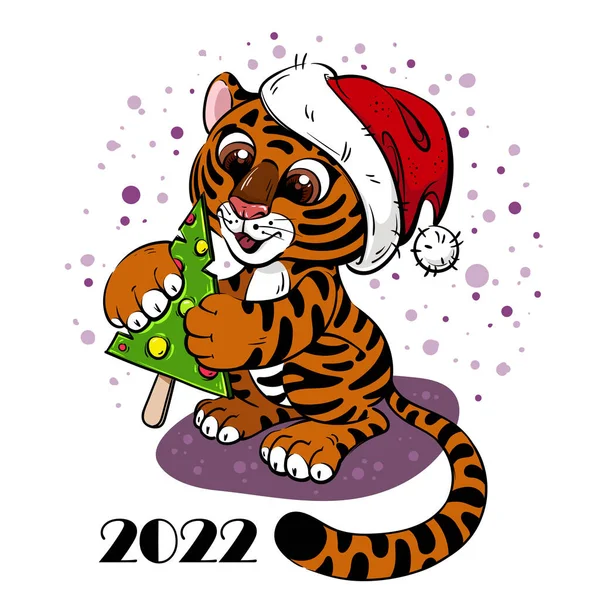 Holiday Cartoon Tiger Cub memegang permen lolipop - Stok Vektor