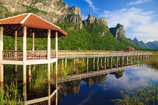 Puente de madera en el lago de loto en el parque nacional khao sam roi yod, t —  Fotos de Stock
