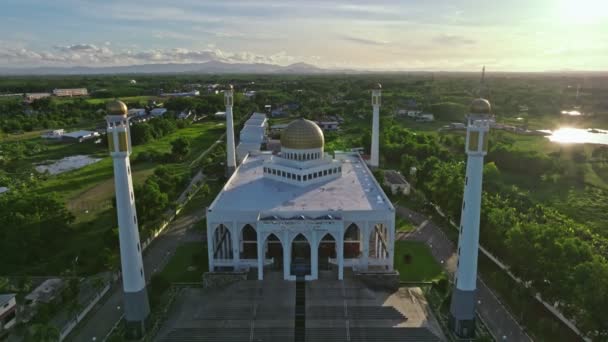 Aerial Drone Decending View Central Mosque Songkhla Sunset Thailand — 图库视频影像