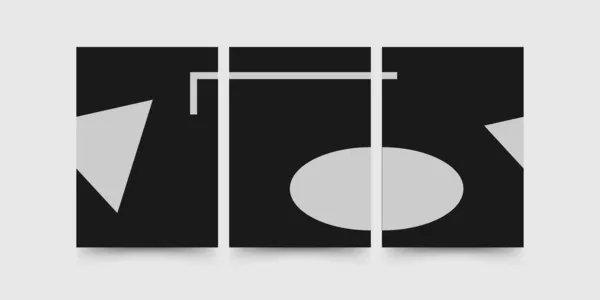 Abstrakt minimalistisk geometrisk väggdekoration. Geometri former - rektangel, triangel och ellips på svart bakgrund. Minimal väggkonst dekoration, affisch, grafik, modulär bild. Vektor — Stock vektor