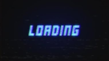 Retro VHS TV ekranı arıza efektiyle yükleniyor. Yazı yükleme ile retro VHS video oyunu ekranının döngü hatası animasyonu.